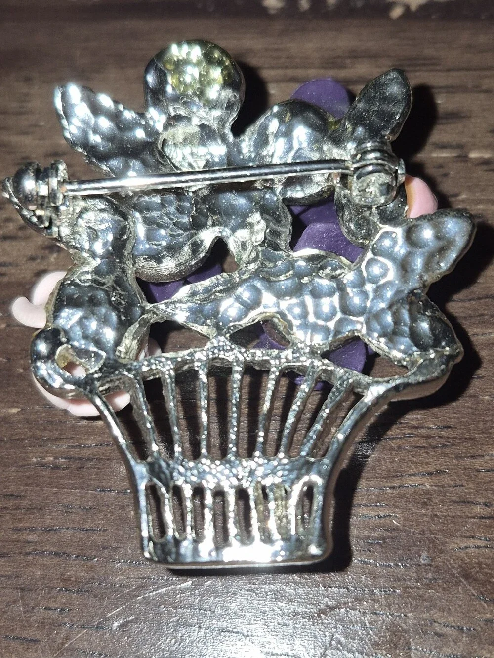 Unsigned Purple and Pink Flower Silver Tone Basket Brooch